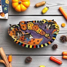 Fitz and Floyd Kitty Witches Halloween Cat Bowl Large 14” Handcrafted Ceramic