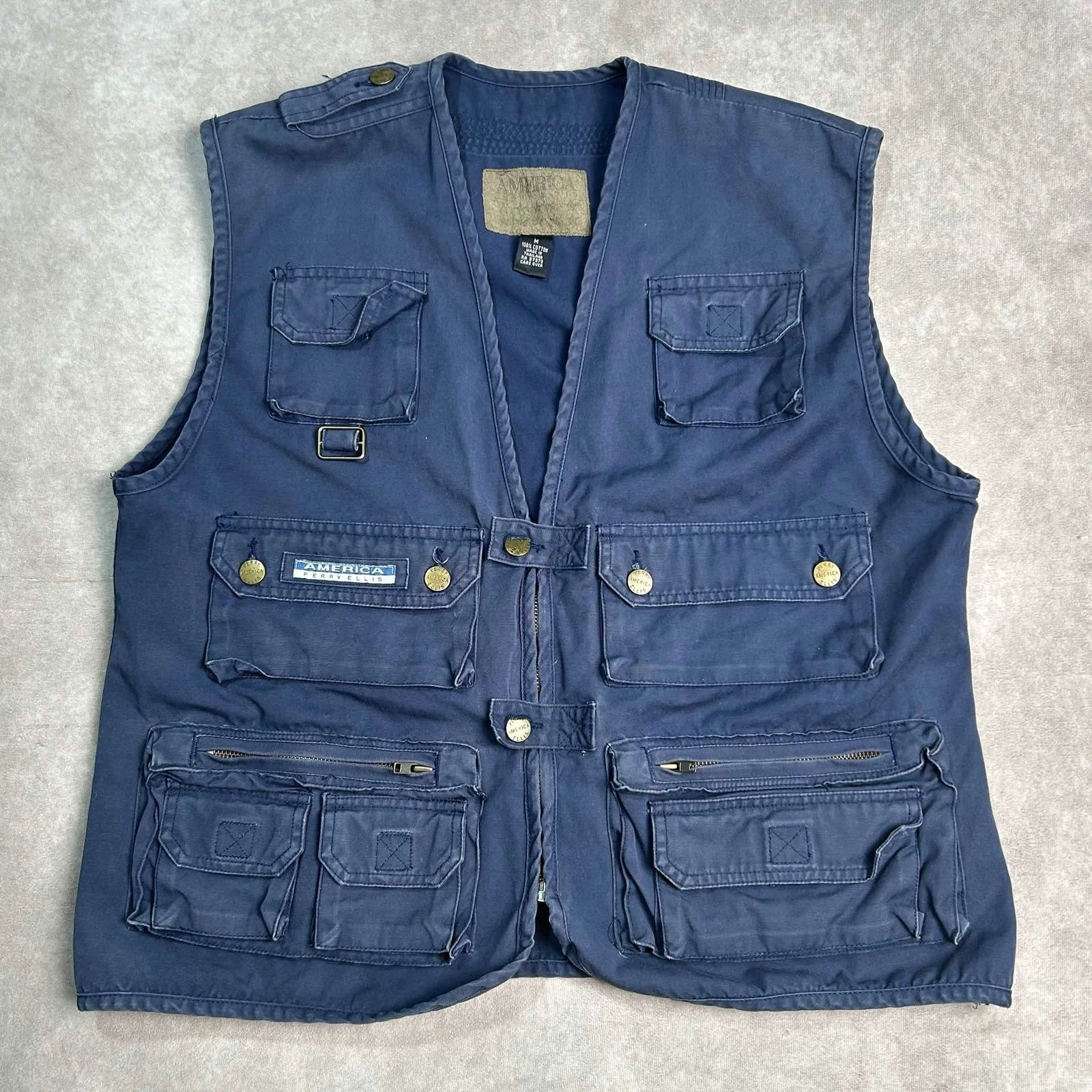 Vintage America Perry Ellis Mens Navy Blue Cotton Utility Fishing Vest Size M *
Opens in a new windo
