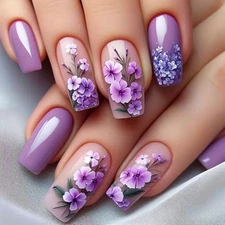 Flower Press on Nails Medium Length Fake Nails Purple Acrylic Nails Glossy s24