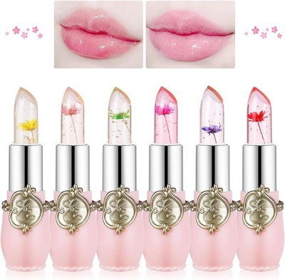 Clear Flower Jelly Lippenstift, 6 Stück Magic Temperature Farbwechsel Lippenbalsam, lang