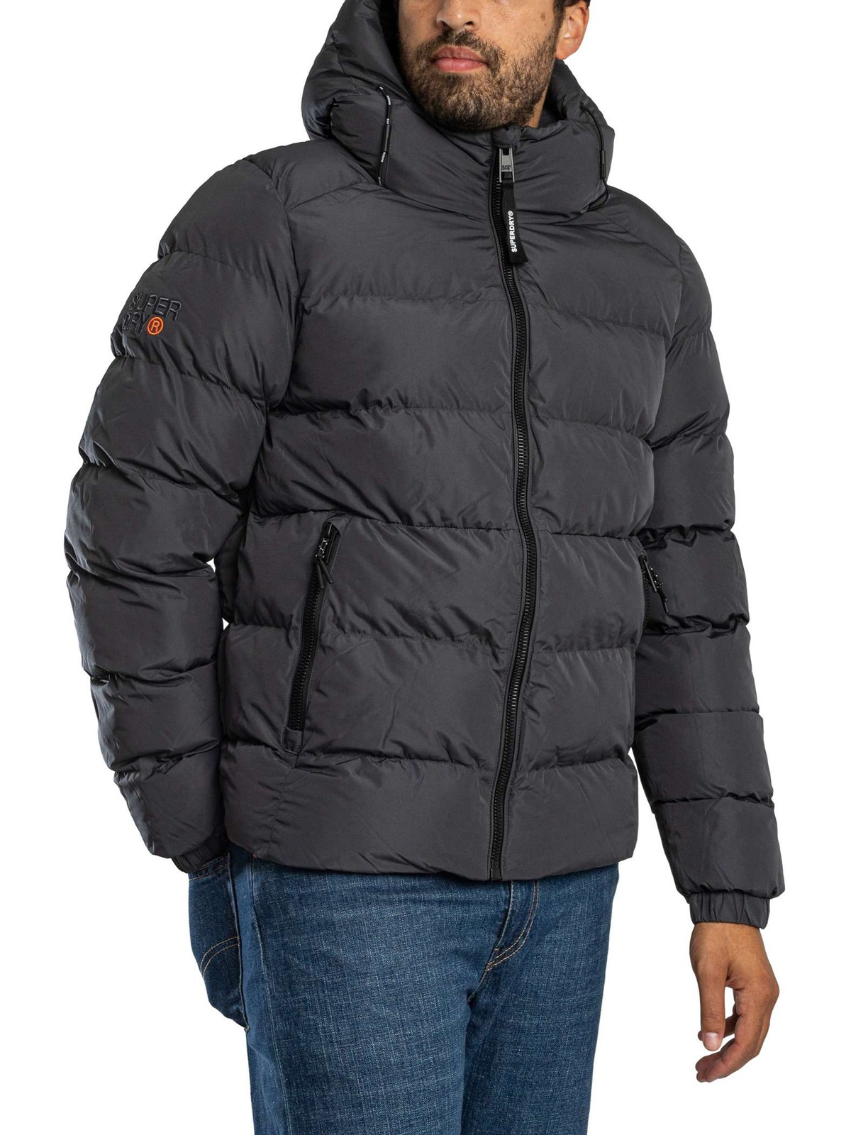 Superdry Hooded Sport Puffer Jacket, Ebony/Ebony - L