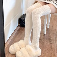 Women Long Socks Winter Girl Solid Color Warm Wool Thigh Stocking Comfortable