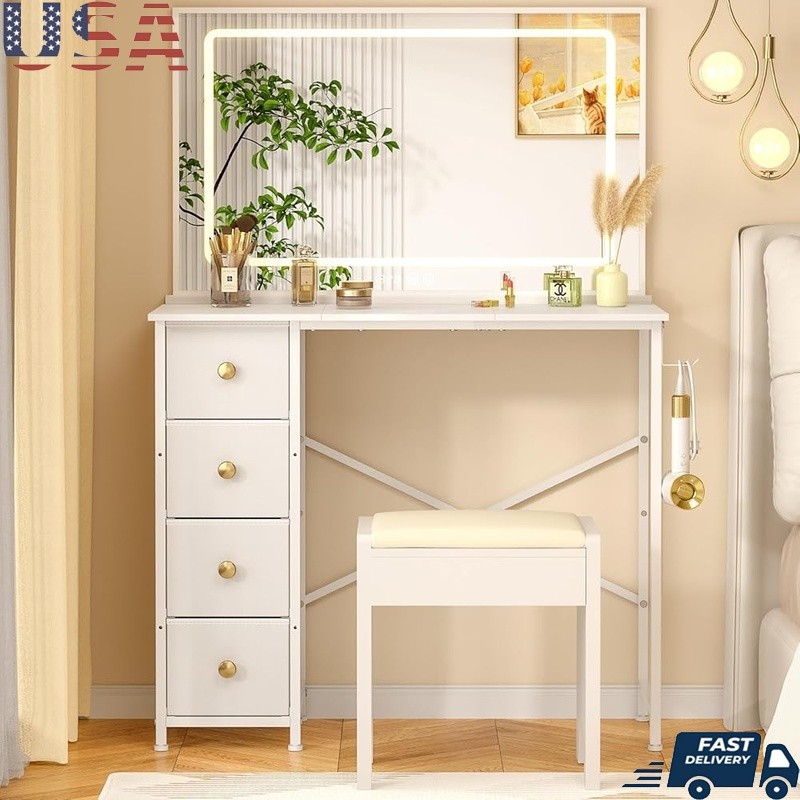 White Makeup Vanity Table W/ 4 Drawers Storage Modern Dressing Desk Girls New