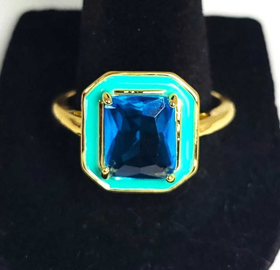 Art Deco Vintage Style 14k Gold Plated Square Lab Created Blue Topaz Enamel Ring - Image 4 of 4