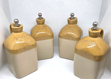 4 Antique Stoneware WHISKEY Jugs / Crocks & Steel Ball Corked Stoppers PRIMITIVE