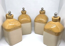 4 Antique Stoneware WHISKEY Jugs / Crocks & Steel Ball Corked Stoppers PRIMITIVE