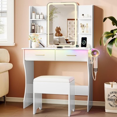 Makeup Vanity Table with LED Mirror & Power Outlet   White Desk Set with Chair,