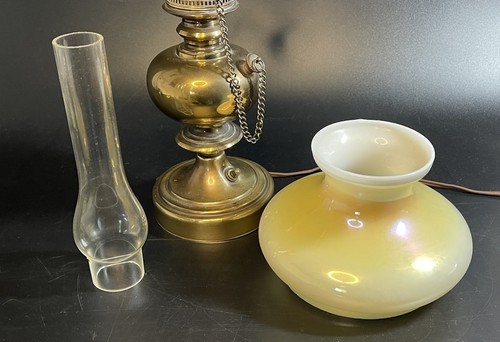 Vtg Thomas Brass Oil Lamp Electric Light Iridescent Orange Milk Glass Shade - Picture 10 of 18