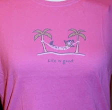 L NWT Women's Life is Good Jackie Palm Tree Hammock RELAXED FIT SS Crusher Tee
