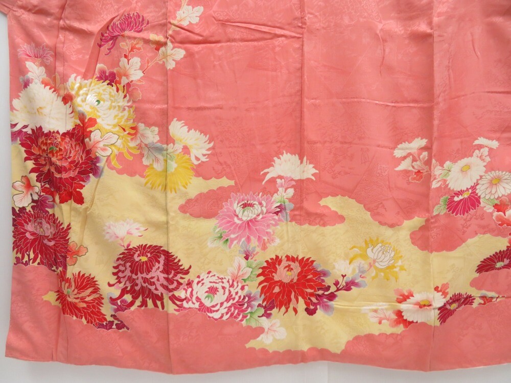 4214T13z820 Vintage Japanese Kimono Silk TSUKESAGE Peony Coral