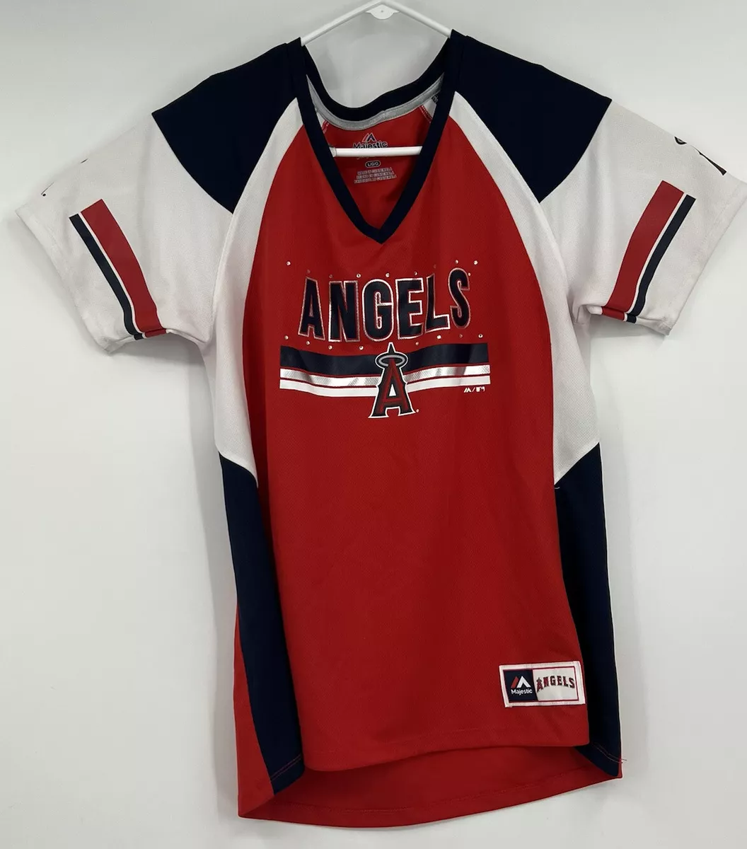 Majestic MLB Anaheim Angels V Neck Baseball Jersey Shirt Women's L Red