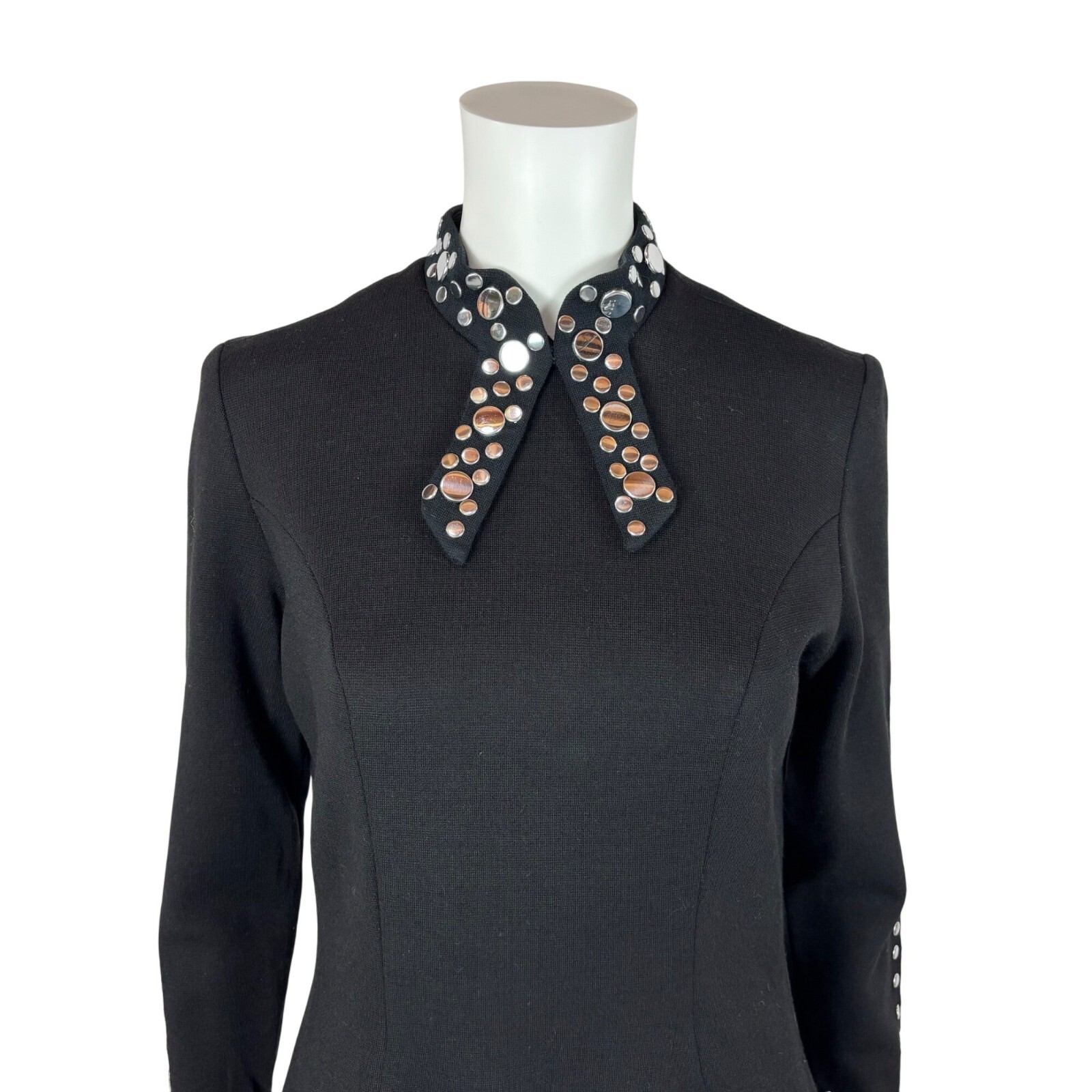 Vintage 60s Studded Dress Women's Extra Small Black Wool Silver Bow Neck Mod image 3
