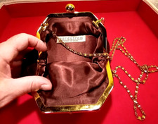 VINTAGE CHOCOLAT BROWN  GOLD VELVET CLAM SHELL W/ LONG CLUTCH EVENING BAG