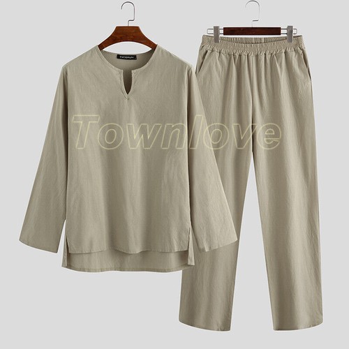 Mens Long Sleeve Cotton Linen Casual Loose Pajamas Suits Night Loungewear Set - Picture 17 of 27