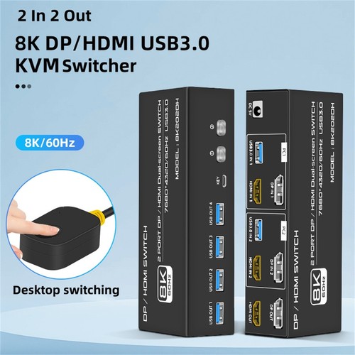 2 In 2 Out 8K@60Hz DP HDMI2.1 USB3.0 KVM Switcher 2x2 For 2 Computers 2 Monitors - Photo 5/14