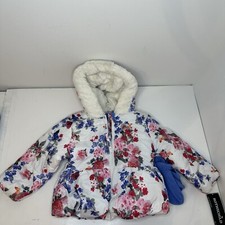 Rothschild Jacket Coat Girls 24 Month White Floral Puffer Faux Fur Hood Mittens