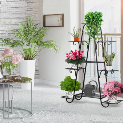Black Wrought Iron Metal Plant Stand Holds 9 Flower Pot Rack Indoor Outdoor  | eBay