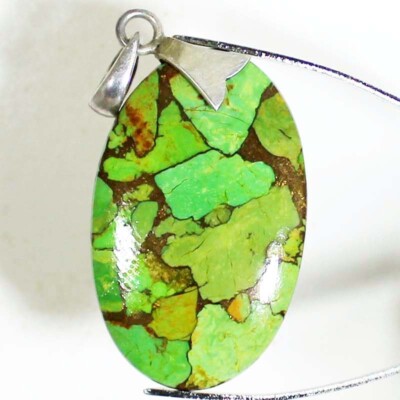 35.75Ct Natural Green TURQUOISE Oval 23x36x4mm stone 925 Sterling Silver Pendant