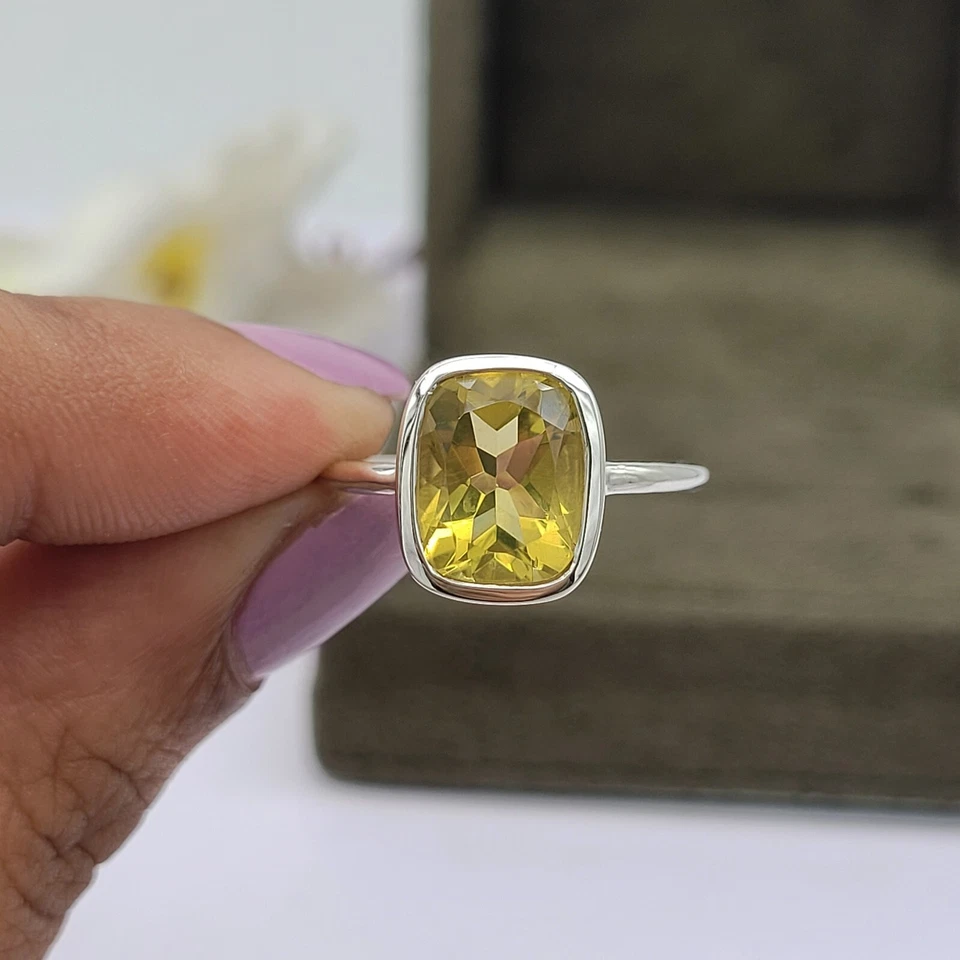 Anillo de cóctel cojín de cuarzo limón plata de ley 925 anillo llamativo para mujer Foto 4 de 4