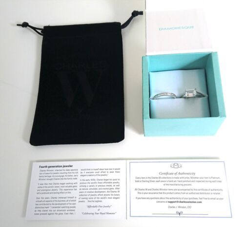 RRP $399.00 - CHARLES WINSTON LUXE EMERALD CUT SIMULATED DIAMOND S/S RING SET - Picture 2 of 8