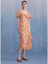 Retro Bubble Sleeve Mulberry Silk Floral Printe Women Long Vacation Dress Casual