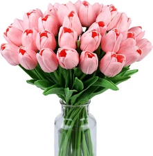 15Pcs Pink Tulips Fake Artificial Flowers Real Touch 14" Silk Flower for Home Ki