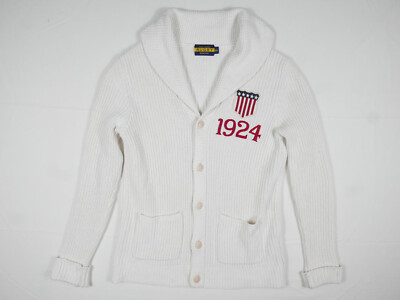 Ralph Lauren Rugby Caardigan Sweater White Linen Shield Varsity 1924 RARE  XS