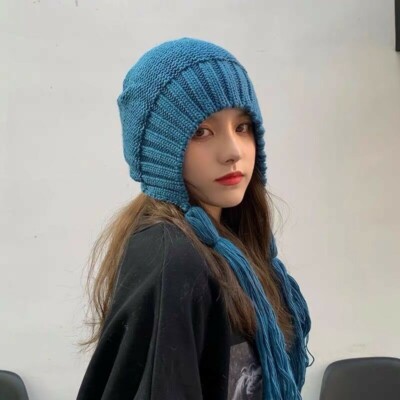 Women Long Twist Braid Beanie Hat Tassel Knitted Hat Lovely Warm