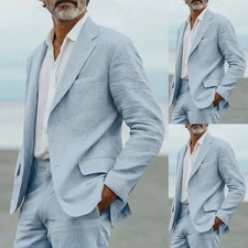 Blue Linen Men's 2Pcs Suits Summer Beach Casual Coat Business Prom Jacket Blazer