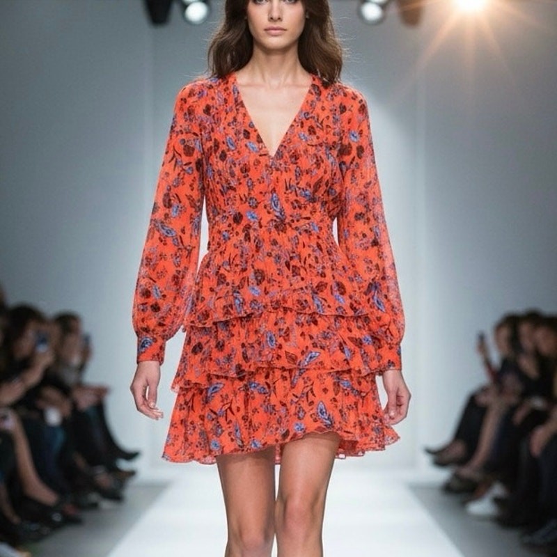 Zara Boho Floral Mini Dress Tiered V-Neck Long Sleeve Size Large