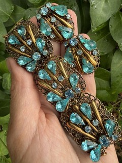 Vintage Filigree Blue Rhinestone panel bracelet Earrings set Vintage