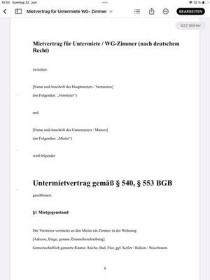 Mietvertrag, WG, BOOKING Untermieter Vorlage Rechtssicher gemäß § 540, § 553 BGB