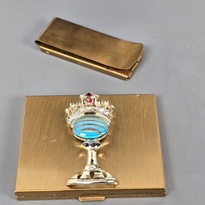 Vintage Gold-Tone Make Up Compact Mirror Bejeweled Crown Decal W/ Money Clip