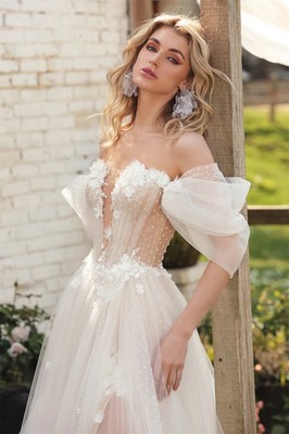 Off The Shoulder V-neck 3d Flower A Line Wedding Dresses Formal Bridal  Grown | eBay