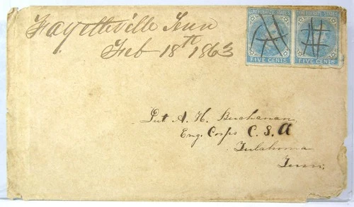 1863 CONFEDERATE CIVIL WAR COVER WITH PAIR OF 5 CENT CONFEDERATE STAMPS CSA #6