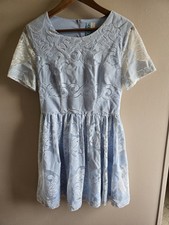 Women's VTG Dina Be Light Blue Floral Lace Mini Dress Sz M Flared Short Sleeved