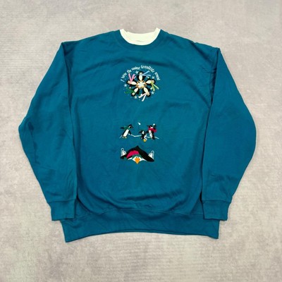 Vintage Weihnachtssweatshirt bestickt Pinguine und Enkelkinder gemustert