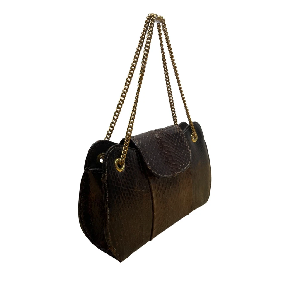 Bolso de Hombro Vintage Esterlina Para Mujer Marrón Genuino Piel de Cobra Oro Cadena Correa Foto 2 de 4