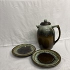 Vintage Pfaltzgraff Pottery USA Green Drip Glaze #303 Pitcher W/ Lid & 2 Saucers