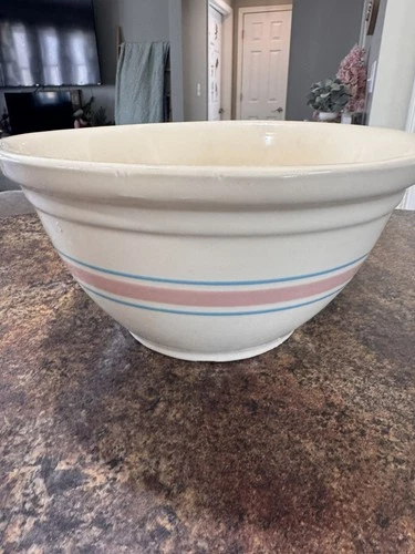 Vintage Large McCoy Pottery #12 Mixing Bowl Pink &Blue Striped USA