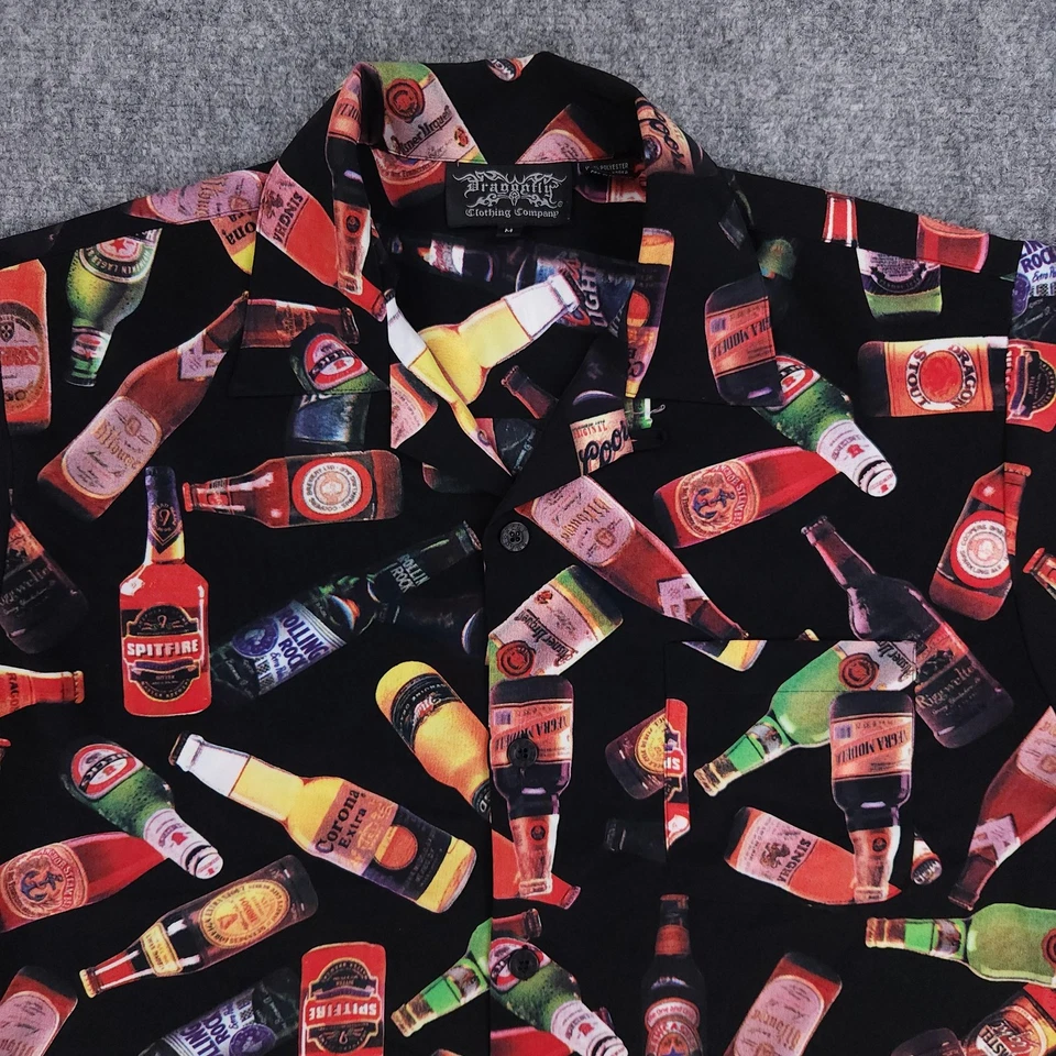 Dragonfly Shirt Mens Medium Black Beer Bottle Print Drinks AOP Button Up Party - Image 3 of 4