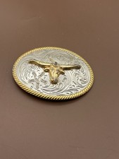 Western Longhorn Steer Belt Buckle Silver Gold Tone Engraved Cowboy