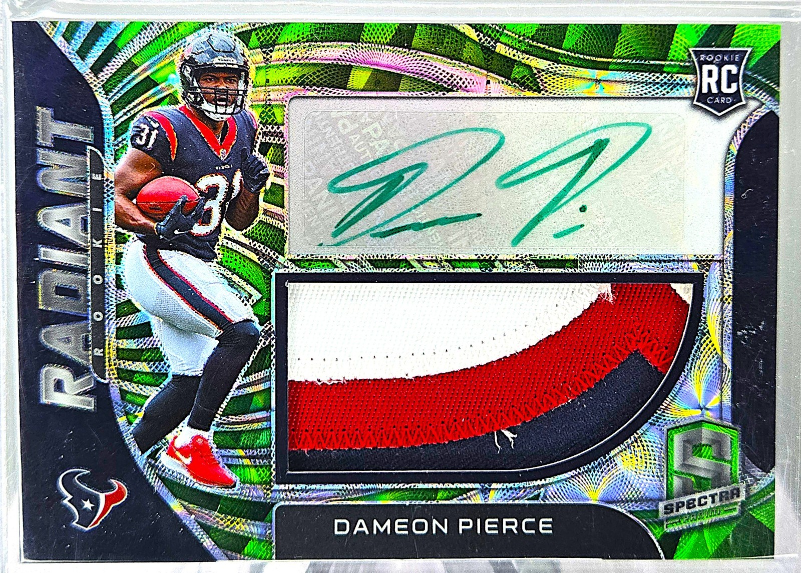 2022 spectra neon green radiant dameon pierce rookie patch auto /35 texans