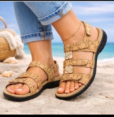 Vionic Amber Sandals Womens 7 Cork Print Adjustable Strappy Slingback Brown
