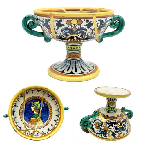 Kintsugi Cup Vase Deruta Pottery Majolica Portrait Gold Crack Art Growth Gift