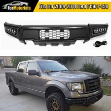 Front Bumper For 2009-2014 Ford F150 F-150 Steel Raptor Style & LED Lights Gray