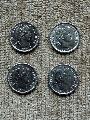 Set of 4 Barber Dimes from the 1900's--AU Condition--1900-S 1901 1903-O & 1908-S