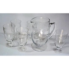 Vintage Fostoria Holly Pattern Etched Crystal Pitcher and 5 Tea Glass Set Footed