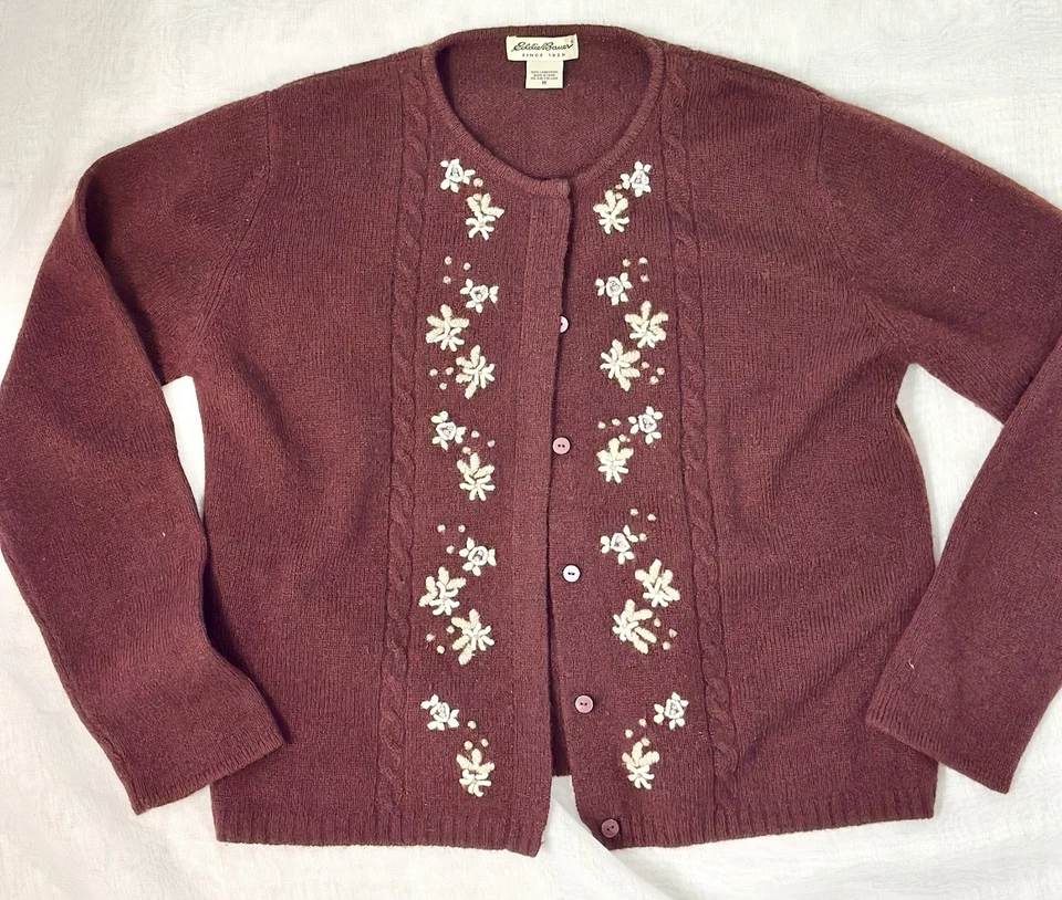 Cárdigan Suéter Vintage Eddie Bauer Lana de Cordero Floral Bordado Para Mujer’s M Foto 2 de 4