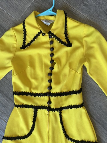 Vtg 1970s JC Penny Jumpsuit Yellow Button Bodice Lace 36" Wide Leg Disco Sz S - Picture 2 of 10